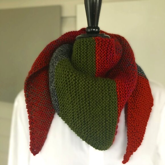 Handknitted Red Green Marled Gray Orange Cozy Long Triangular Neckerchief Scarf